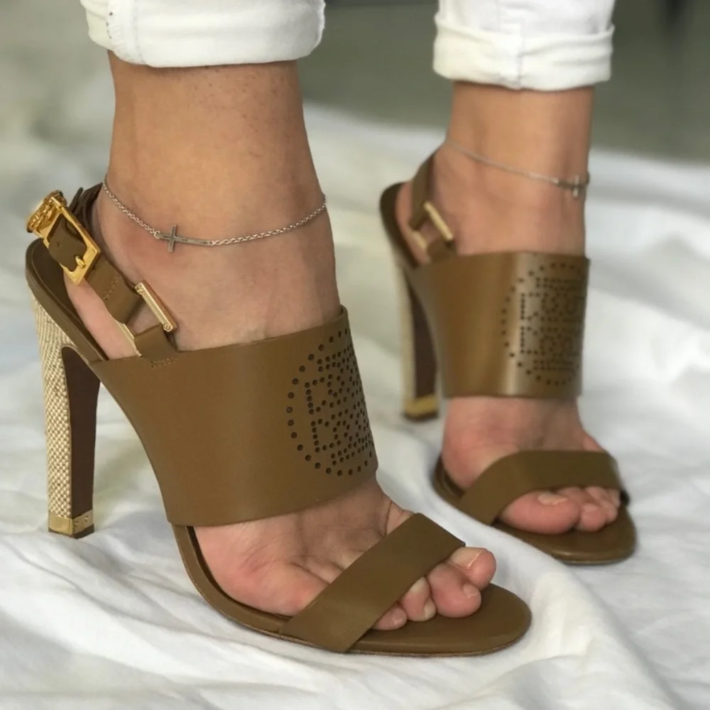 Tory Burch Tan Leather High Heel Sandals with Gold Accents